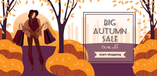 Vector bright horizontal vector banner in cartoon style autumn sale a happy girl goes shopping in the autumn park against the backdrop of a big city for advertising banner website poster sale flyer