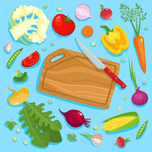 bright illustration of colorful cutting board, knife and vegetables. cooking card poster 