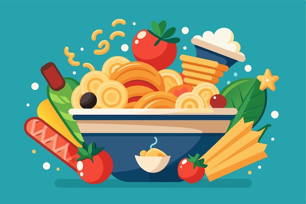 A bright illustration features a bowl of pasta with colorful ingredients appealing to all food lovers Pasta Customizable Flat Illustration