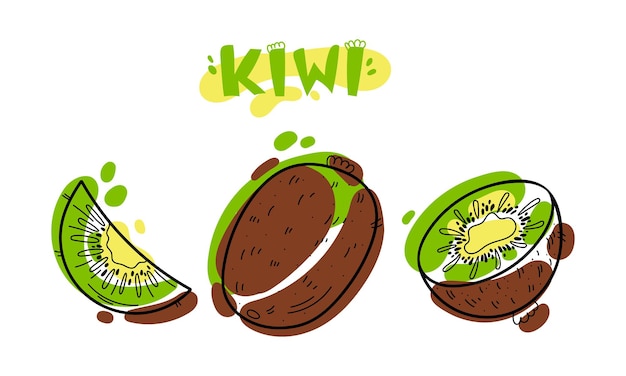 Bright juicy kiwi doodle illustration and text colored shapes and line isolated on white background