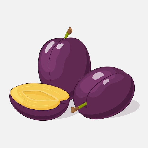 Bright juicy plum on grey background in cartoon style