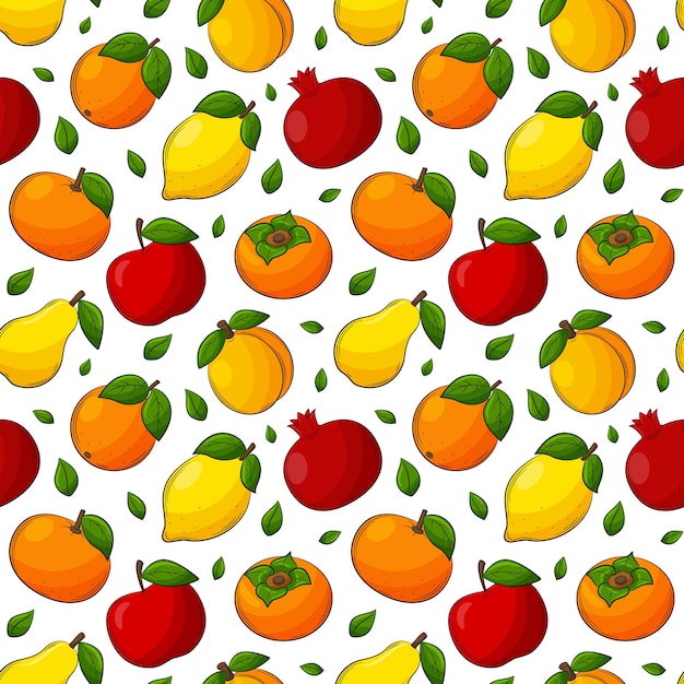 Bright juicy summer fruit seamless pattern Handdrawn fruit with an outline For summer textiles food packaging napkins Color vector illustration on a white background