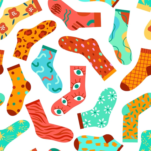 Bright kids socks Repeated cotton footwear colorful textile elements trendy hipster designs modern ornaments vector seamless pattern