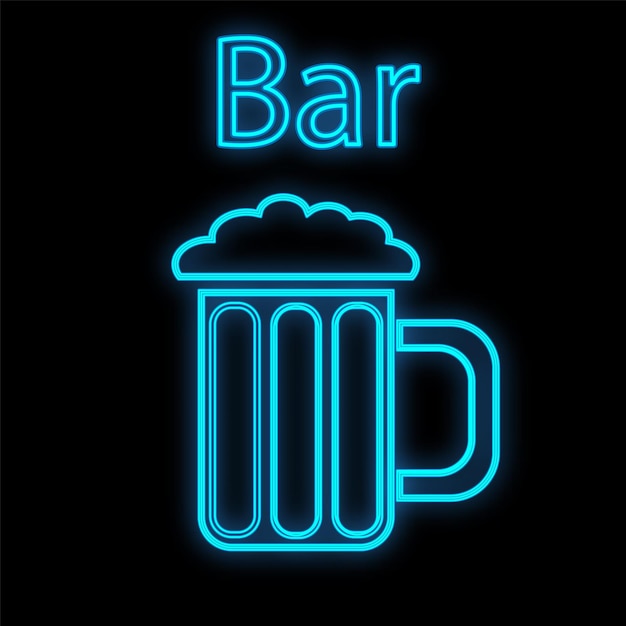 Bright luminous blue neon sign for cafe bar restaurant beautiful shiny with a beer mug on a black