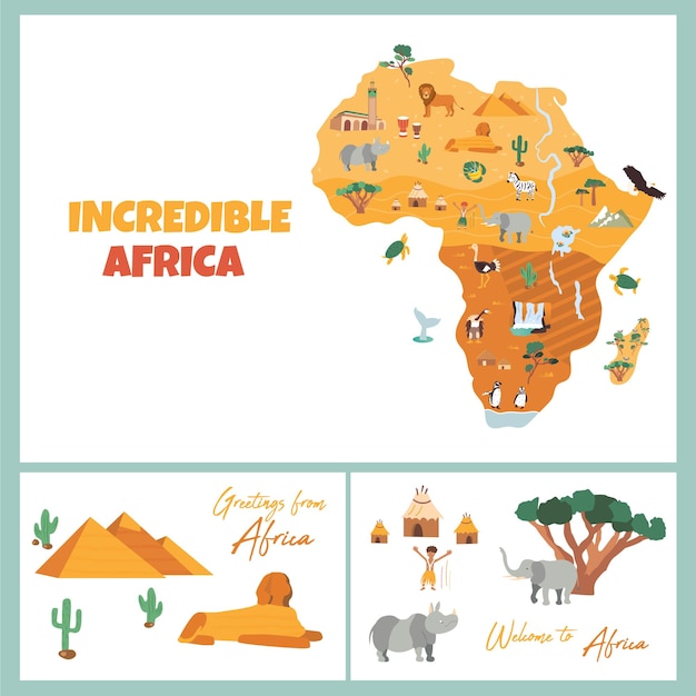 Bright map with famous african destinations and animals