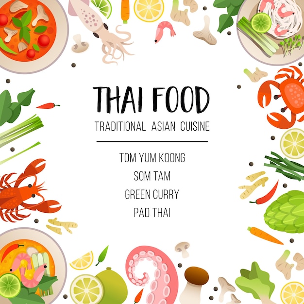 Vector bright menu template of traditional asian cuisine. seafood, vegetables and herbs, traditional thai