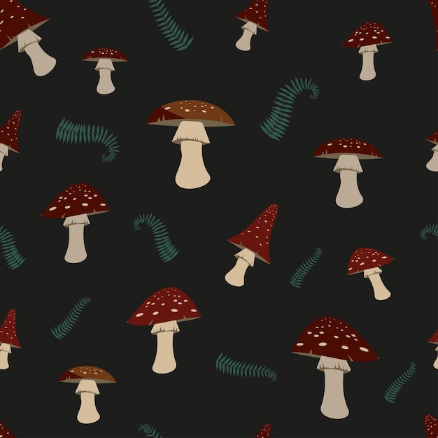 Bright mystical pattern with fly agaric and fern isolated on a dark background Vector illustration of the design for packaging textiles and other products