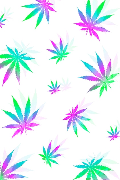 bright neon and white vector pattern with cannabis leaves, marijuana print for weed smokers stoners