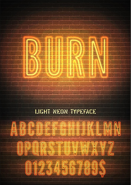 Bright night light glow font with numbers Burn sign with yellow orange bold narrow neon alphabet on dark brick wall background Vector illustration