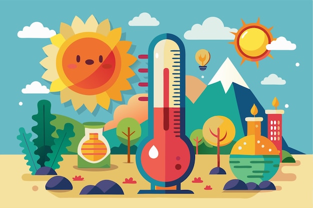 Vector a bright outdoor landscape illustrates hot weather with a thermometer and sunny elements in a playful style hot weather concept