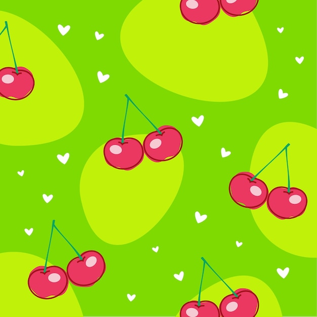 Vector bright pattern background green with cherries and hearts