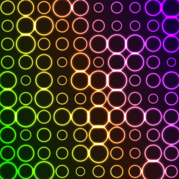 Bright pattern of neon circles Abstract background with violet and green tech geometric rings Glowing iridescent vector design