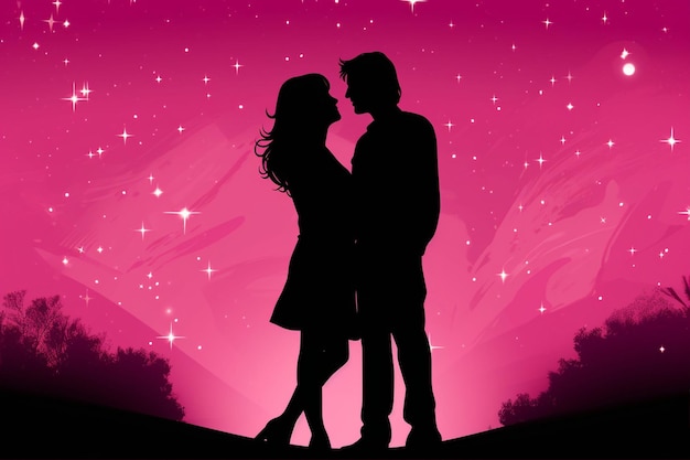 Vector bright pink background with hugging lovers silhouette