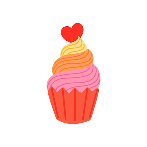 Bright pink cupcake with heart and colored cream decoration for Valentines day Vector illustration