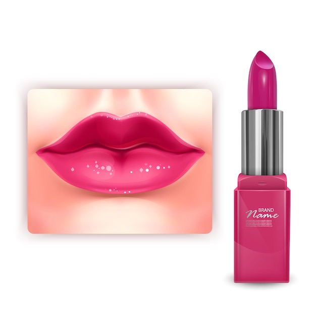 Vector bright pink lipstick   cosmetic package design in 3d illustration