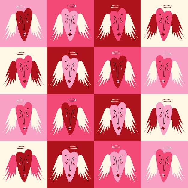 Bright pink and Red Valentine39s Day pattern with Angel heart and wings