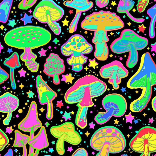 Bright psychedelic mushrooms on a black background