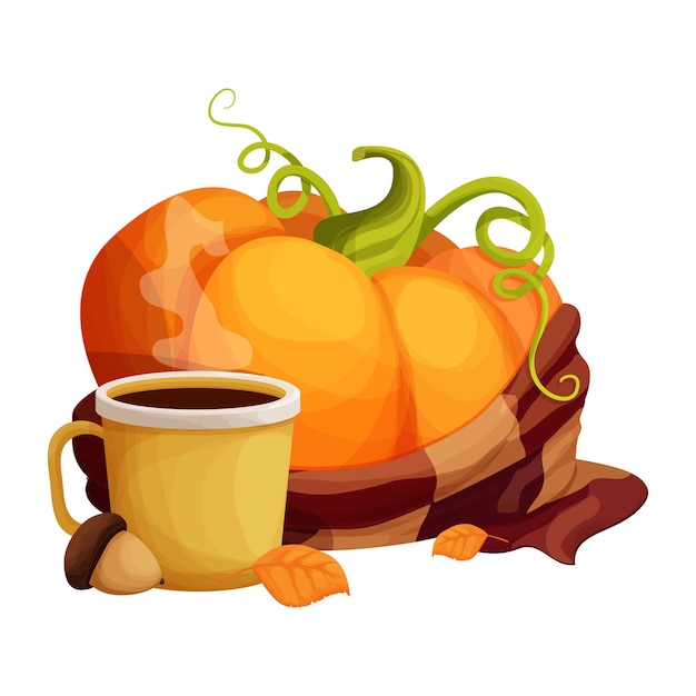 Bright pumpkin with warm scarf cup with hot beverage decorated with acorn and leaves