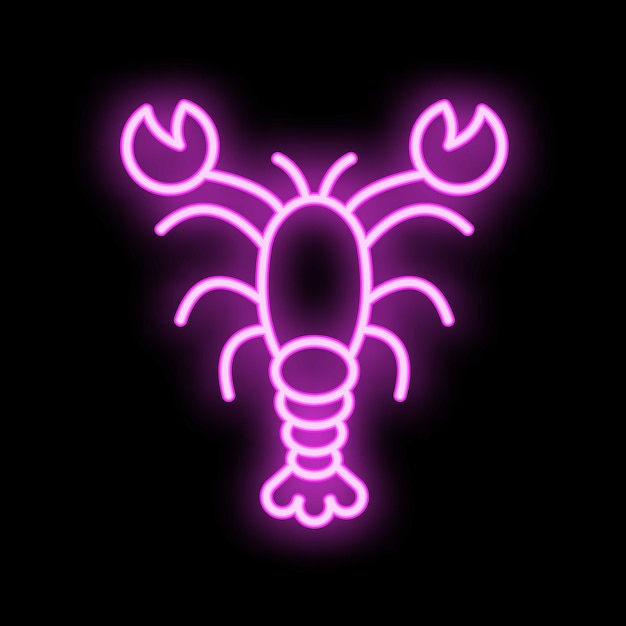 Bright purple neon sign showing a lobster on black background