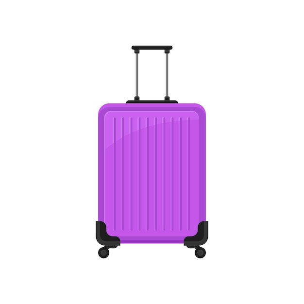 Bright purple polycarbonate suitcase on spinner wheels Flat vector icon of travel bag with telescopic handle Luggage of traveler