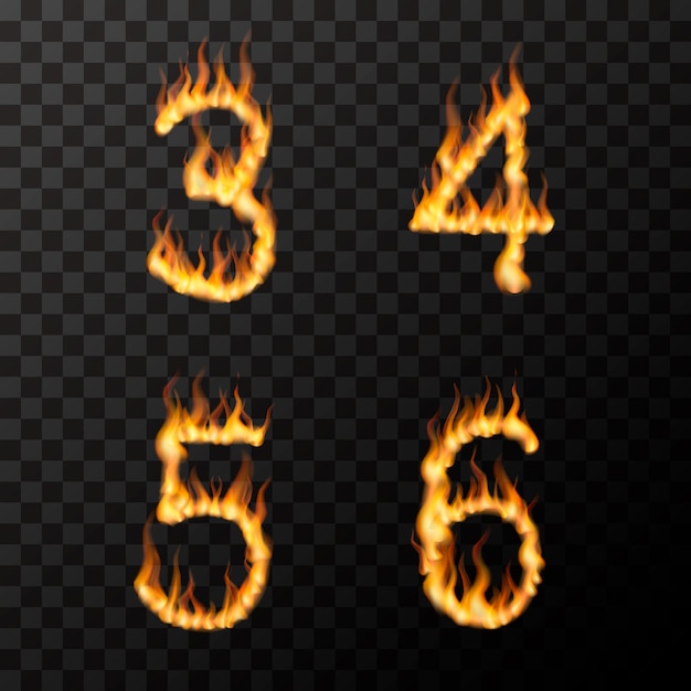 Bright realistic fire flames in 3 4 5 6 letters shape, hot font concept on transparent