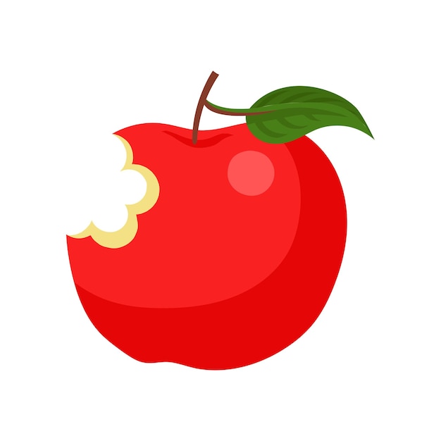 Bright red bitten apple with green leaf Ripe and tasty fruit Healthy vegetarian food Flat vector design for poster or banner