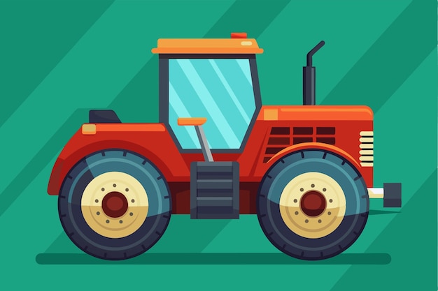 Vector a bright red farm tractor is depicted on a solid green background emphasizing its design and features farm tractor customizable flat illustration