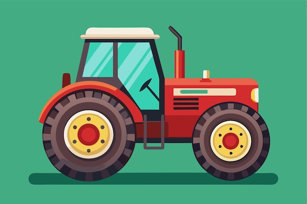 A bright red farm tractor with large tires is illustrated against a green background perfect for customization Customizable flat illustration of a farm tractor