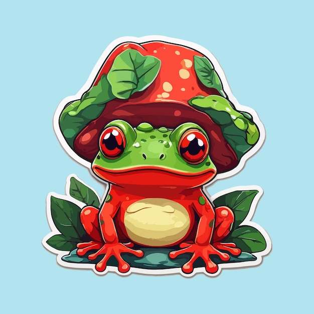 Bright red frog with green mushroom hat