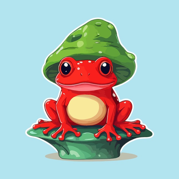 Bright red frog with green mushroom hat