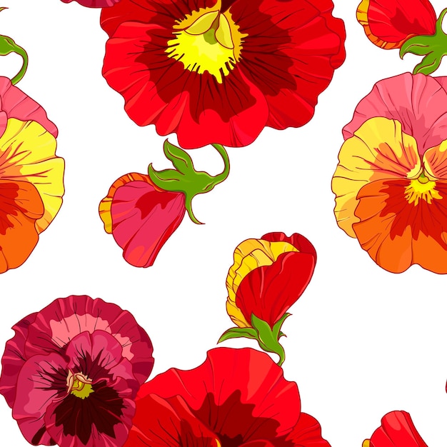 Bright red and orange flowers of pansy  Seamless vector pattern Hand drawing vector illustration