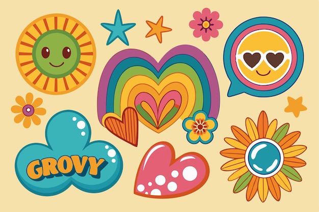 Vector bright retro badges featuring flowers hearts and cheerful emojis create a lively joyful atmosphere groovy retro badges with emoji flower hearts rainbow and cool phrases