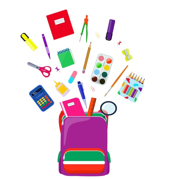 A bright school backpack, a briefcase full of school stationery. Pen, pencil, ruler, paints