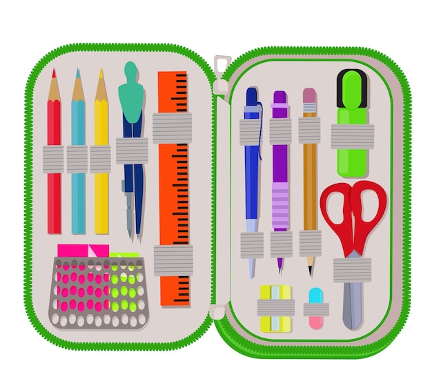 A bright school pencil case is filled with stationery Pen pencil scissors ruler eraser