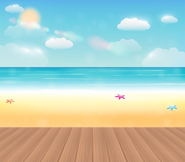 Vector bright sea beach with a real wood floor