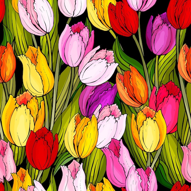 Vector bright seamless floral pattern with red yellow purple pink tulips