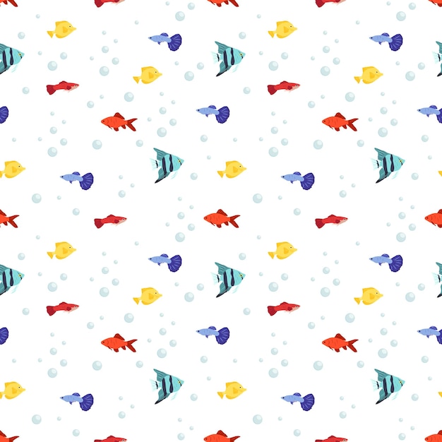 Bright seamless marine pattern with fish and bubbles