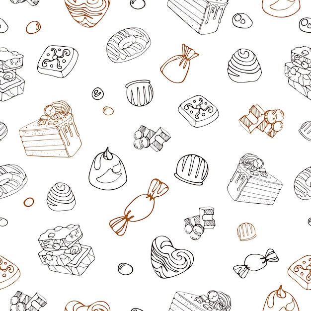 Bright seamless pattern dessert food Delicious pieces of milk chocolate candies