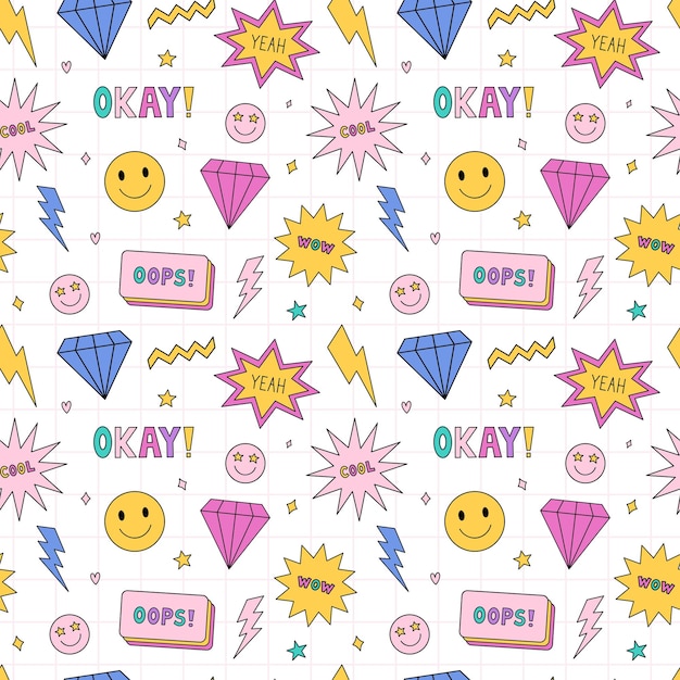 Bright seamless pattern in the style of the 90s Colorful diamonds lightnings smile speech bubbles