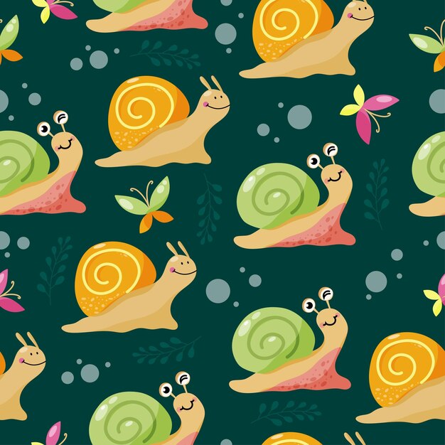 Bright seamless pattern with colourful cute snails and butterfiesVector design for kids clothes