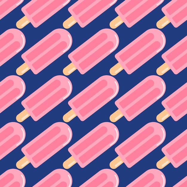 Bright seamless pattern with fruit ice. Navy blue background and diagonal located food elements in pink colors. ed for wallpaper, textile, wrapping paper, fabric print.  illustration.