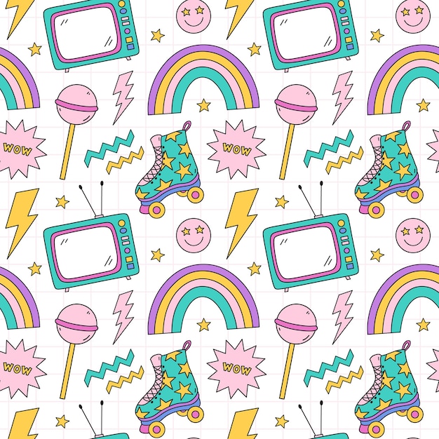 Bright seamless pattern with items from the nineties hand drawn doodle illustration