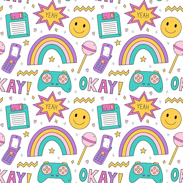 Bright seamless pattern with items from the nineties retro flip phone joystick floppy disk stars