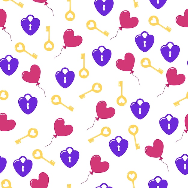 Bright seamless pattern with locks keys and heartshaped balloons