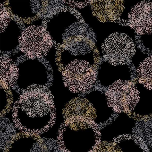 Bright seamless pattern with multicolor textured watercolor dots on black background