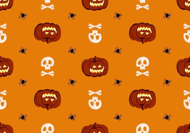 Bright seamless pattern with pumpkins skulls and spiders festive autumn decoration for halloween hol...