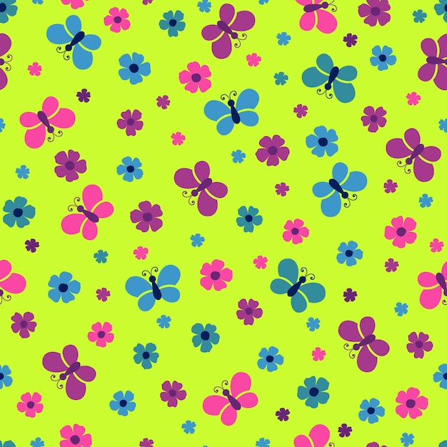 Bright seamless pattern with simple flowers and butterflies