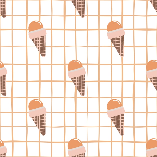 Bright seamless pattern with waffle cone ice cream on white chequered background.