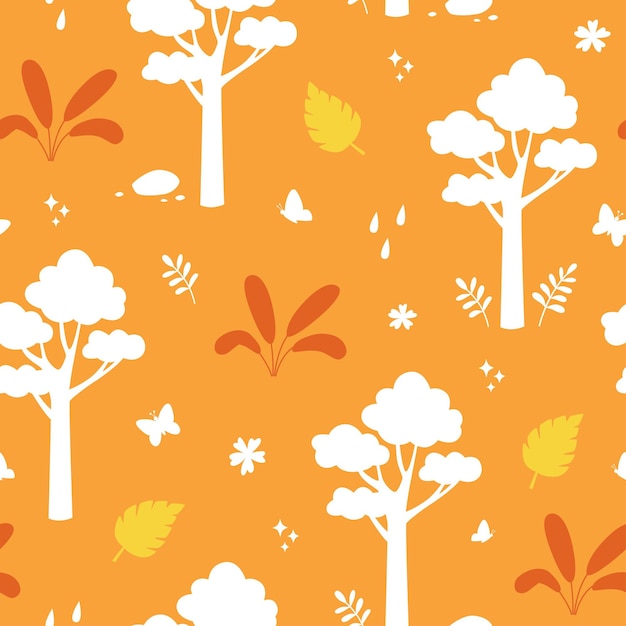 Bright seamless tropical pattern with big trees plants and flowers