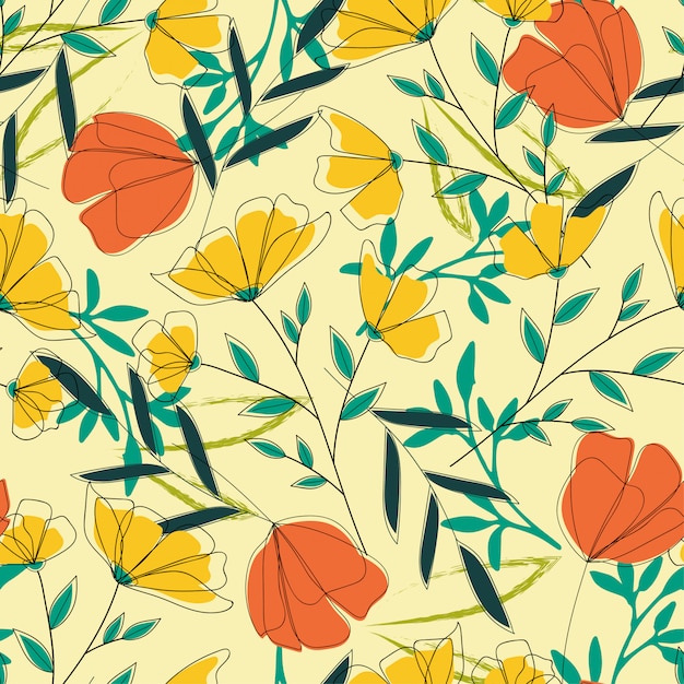 Bright seamless tropical pattern with leaves and flowers on  yellow 